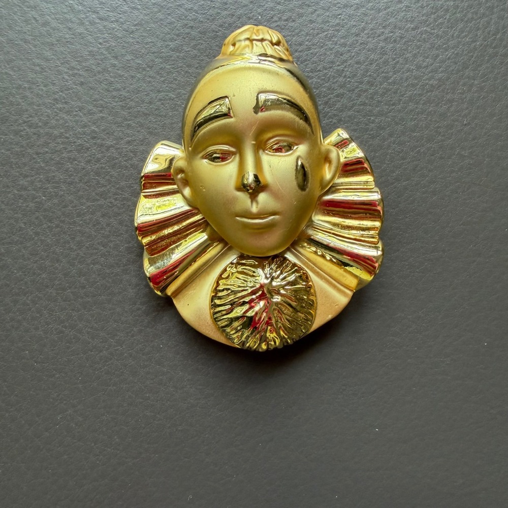 Vtg Pierrot Clown Brooch Pin Womens Gold‎ Tone Harlequin Face Mask Statement Pin